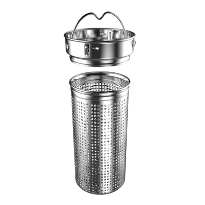 Stainless steel tea infuser cup with handle, open lid, perforated insert