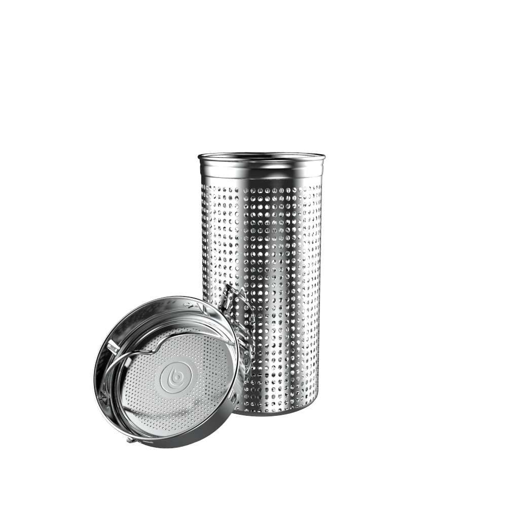 Stainless steel tea infuser cylinder with perforated walls and hinged lid