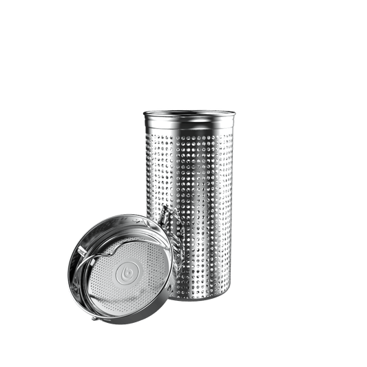 Stainless steel tea infuser cylinder with perforated walls and hinged lid
