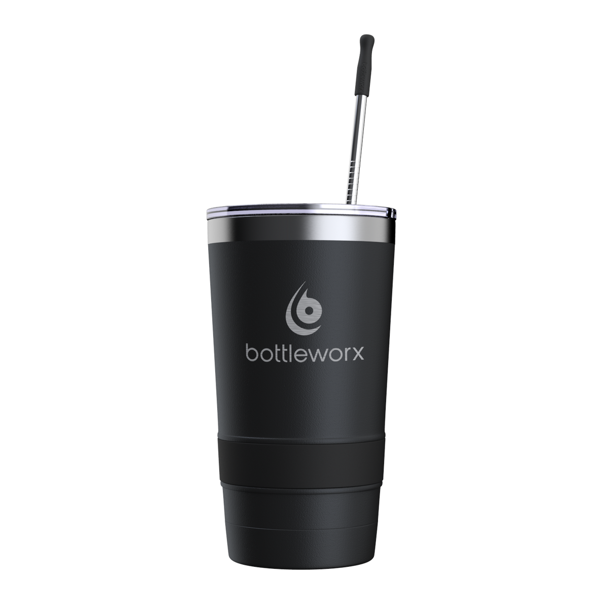 16oz powder-coated tumbler, black with lid and straw