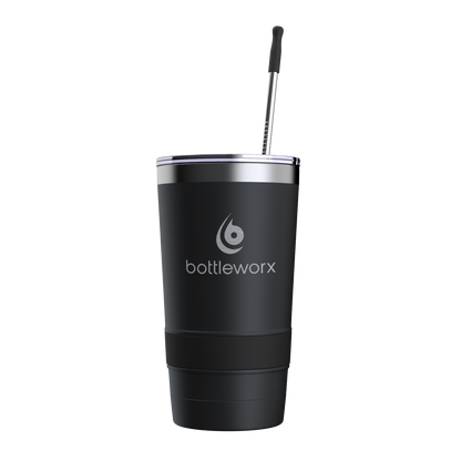 16oz powder-coated tumbler, black with lid and straw