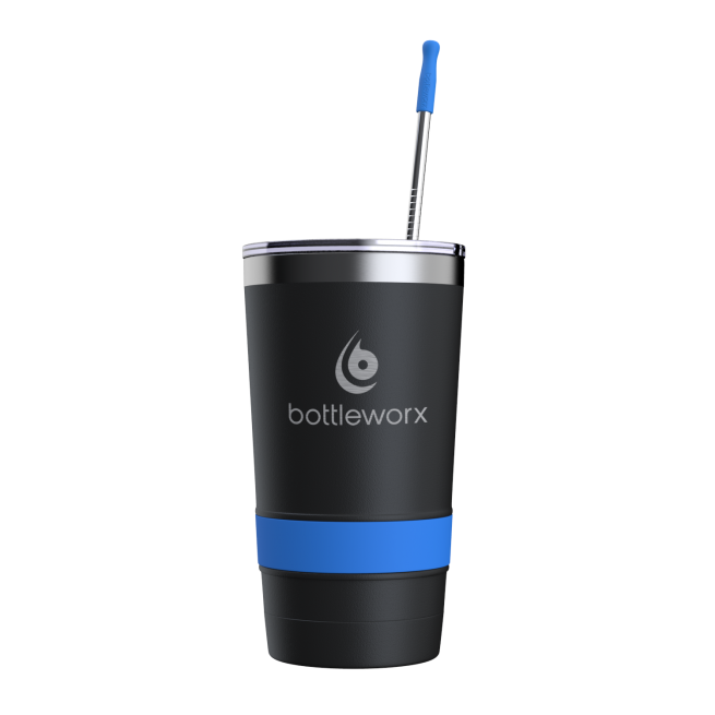 16oz powder-coated tumbler, black with blue accent band, lid and straw