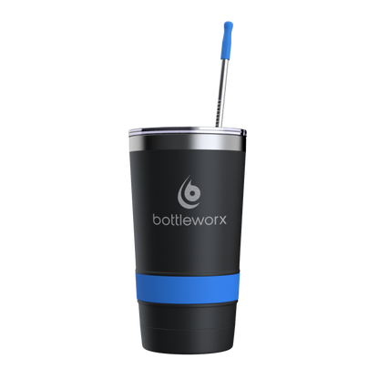 16oz powder-coated tumbler, black with blue accent band, lid and straw