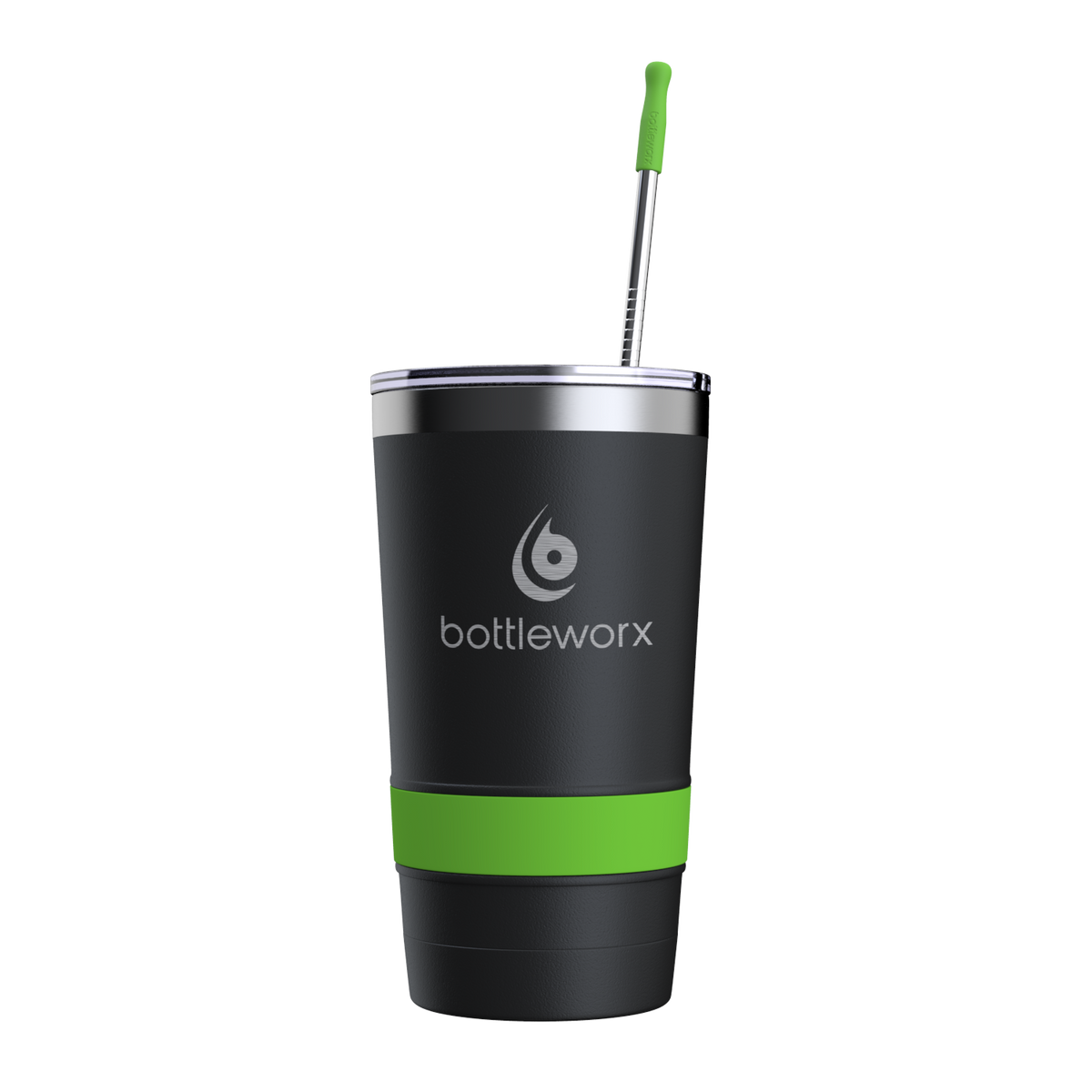 16oz powder-coated tumbler, black with green accent band, lid and straw