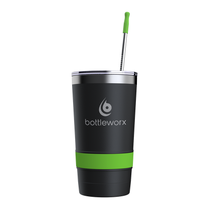 16oz powder-coated tumbler, black with green accent band, lid and straw