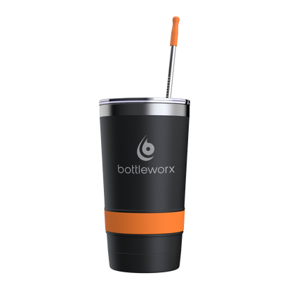 16oz powder-coated tumbler, black with orange accent band, lid and straw