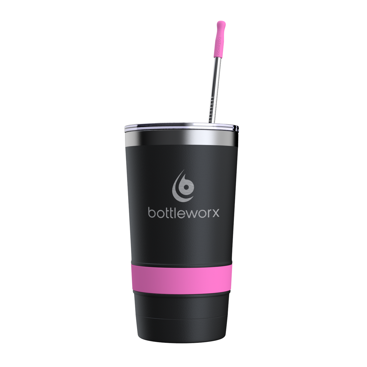 16oz powder-coated tumbler, black with pink accent band, lid and straw