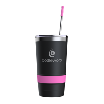 16oz powder-coated tumbler, black with pink accent band, lid and straw