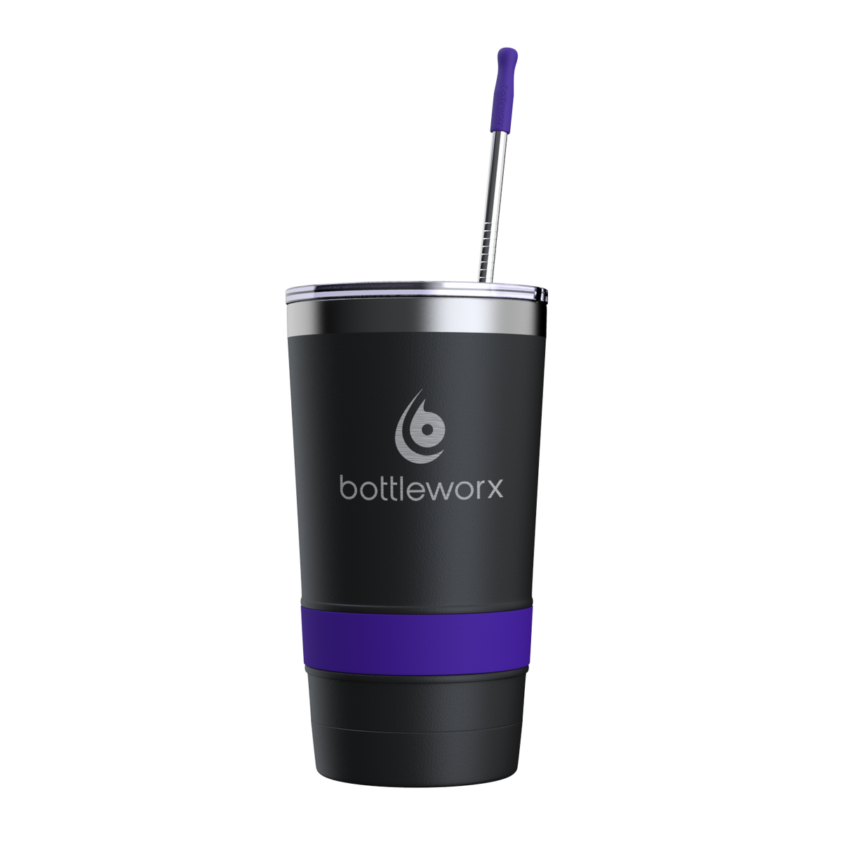16oz powder-coated tumbler, black with purple accent band, lid and straw