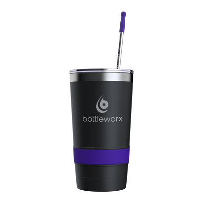 16oz powder-coated tumbler, black with purple accent band, lid and straw
