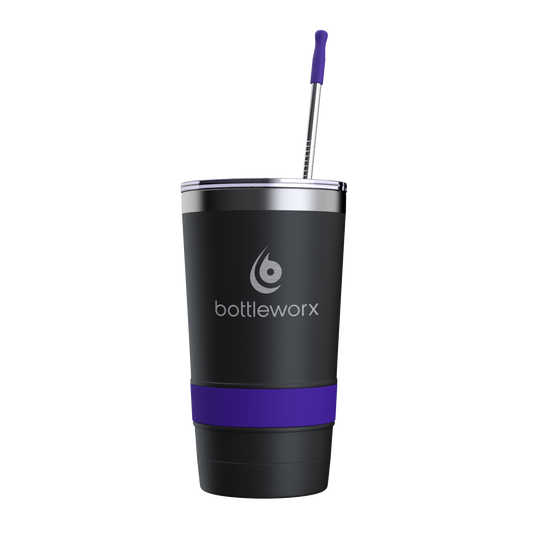 16oz powder-coated tumbler, black with purple accent band, lid and straw