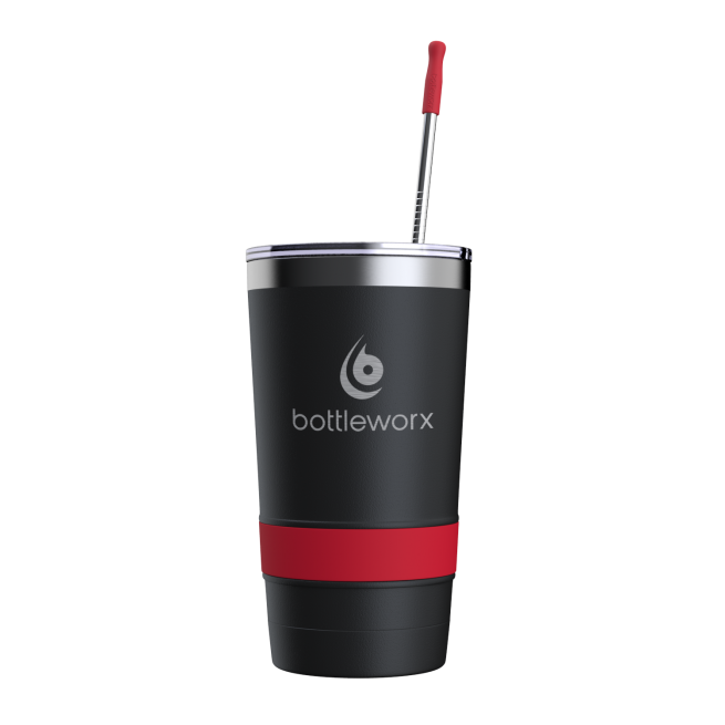 16oz black powder-coated tumbler with straw; red band and bottleworx logo