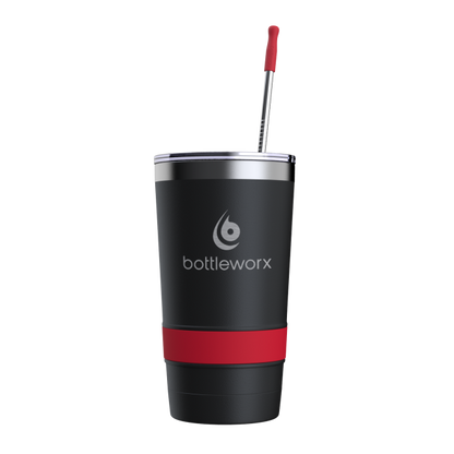 16oz black powder-coated tumbler with straw; red band and bottleworx logo