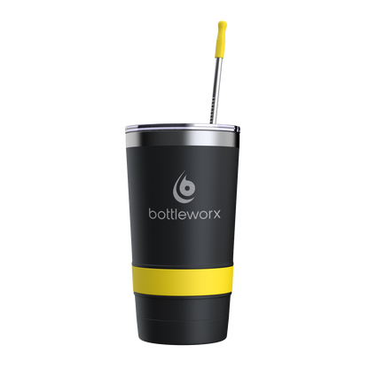 16oz black powder-coated tumbler with straw; yellow band and bottleworx logo