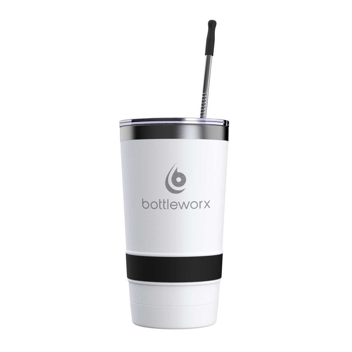 20oz tumbler with lid, white body, black band, black straw, bottleworx logo