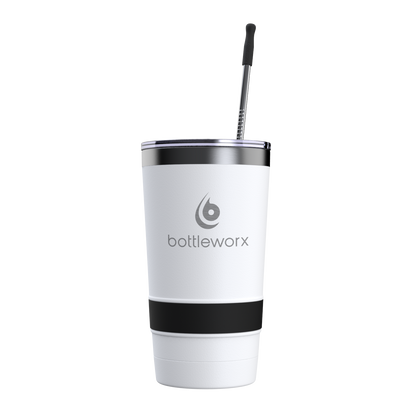 20oz tumbler with lid, white body, black band, black straw, bottleworx logo
