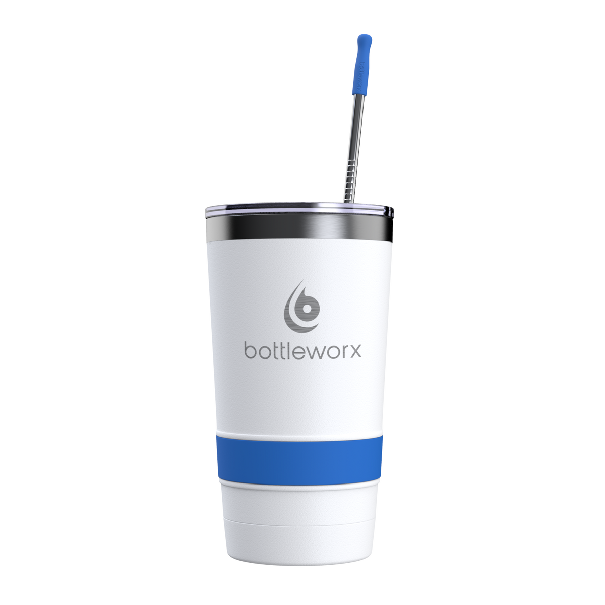 20oz tumbler with lid, white body, blue band, blue straw, bottleworx logo