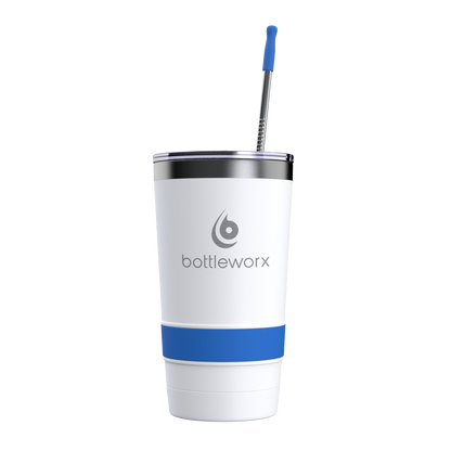 16oz white tumbler with blue band, bottleworx logo, and sipper straw