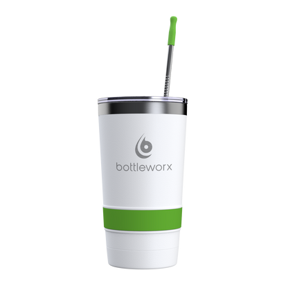 16oz white tumbler with green band, bottleworx logo, and sipper straw