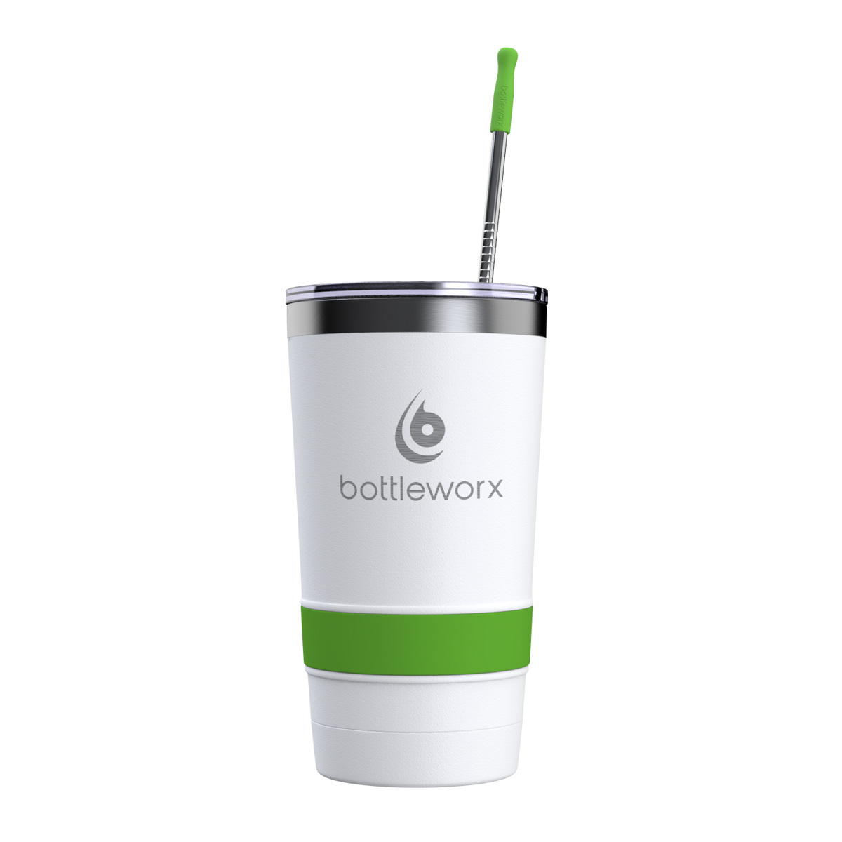 20oz tumbler with lid, white body, green band, green straw, bottleworx logo