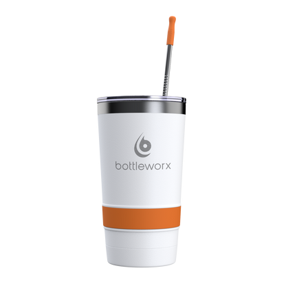 20 oz tumbler with straw, white body and orange wrap, metal lid