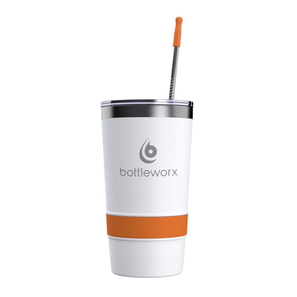 16oz white tumbler with orange band, bottleworx logo, and sipper straw