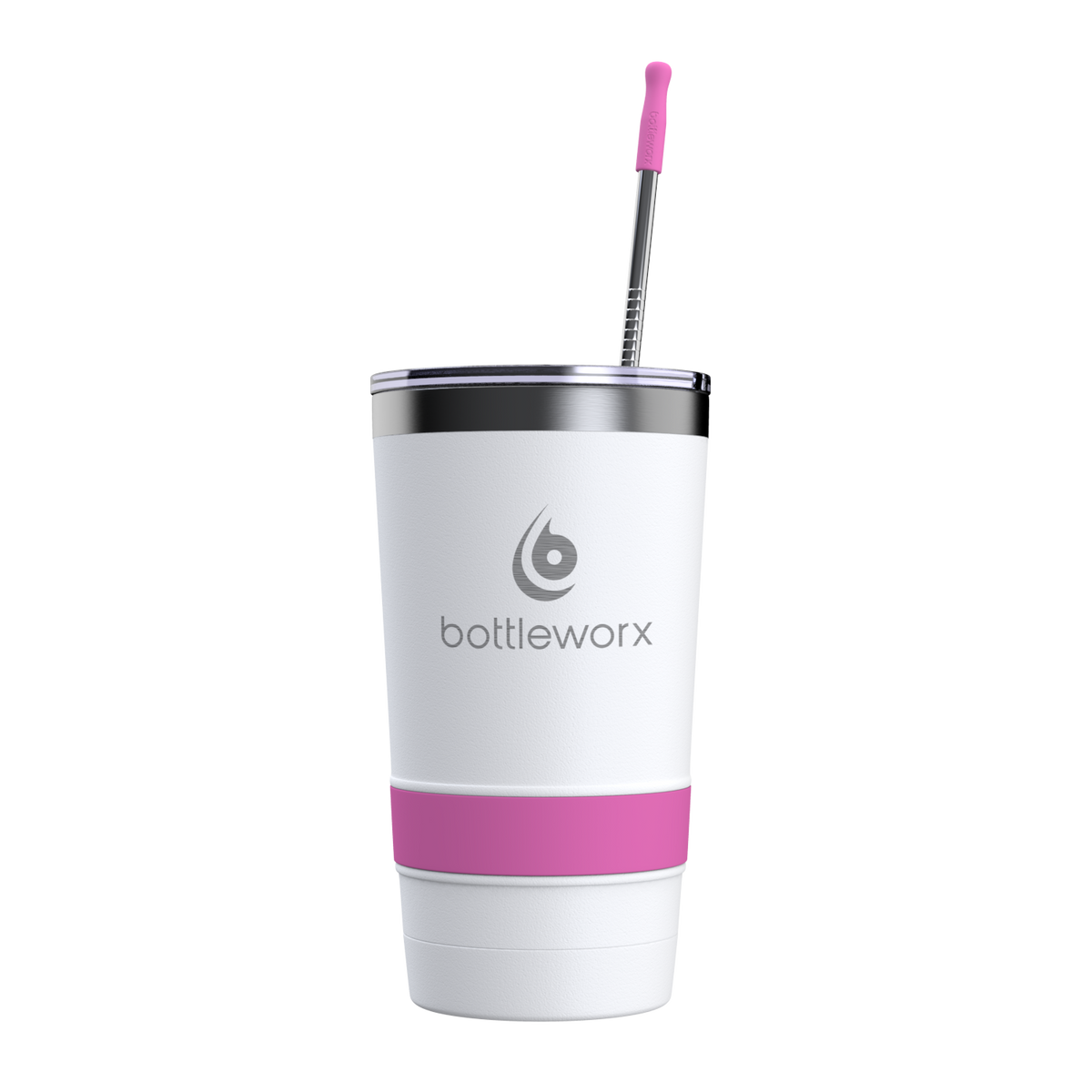 20 oz tumbler with straw, white body and pink wrap, metal lid