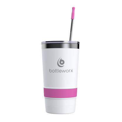 16oz white tumbler with pink band, bottleworx logo, and sipper straw