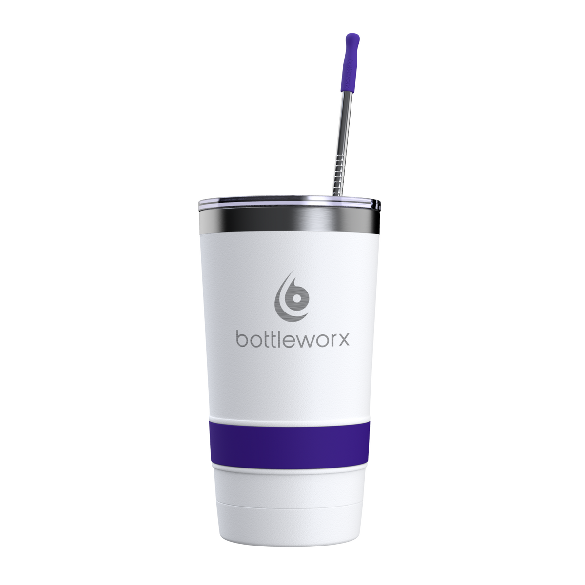 16oz white tumbler with purple band and bottleworx logo, purple straw and lid