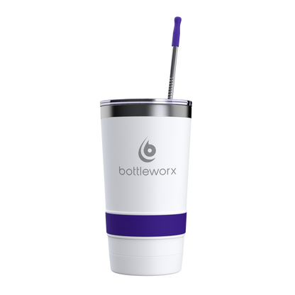 16oz white tumbler with purple band and bottleworx logo, purple straw and lid