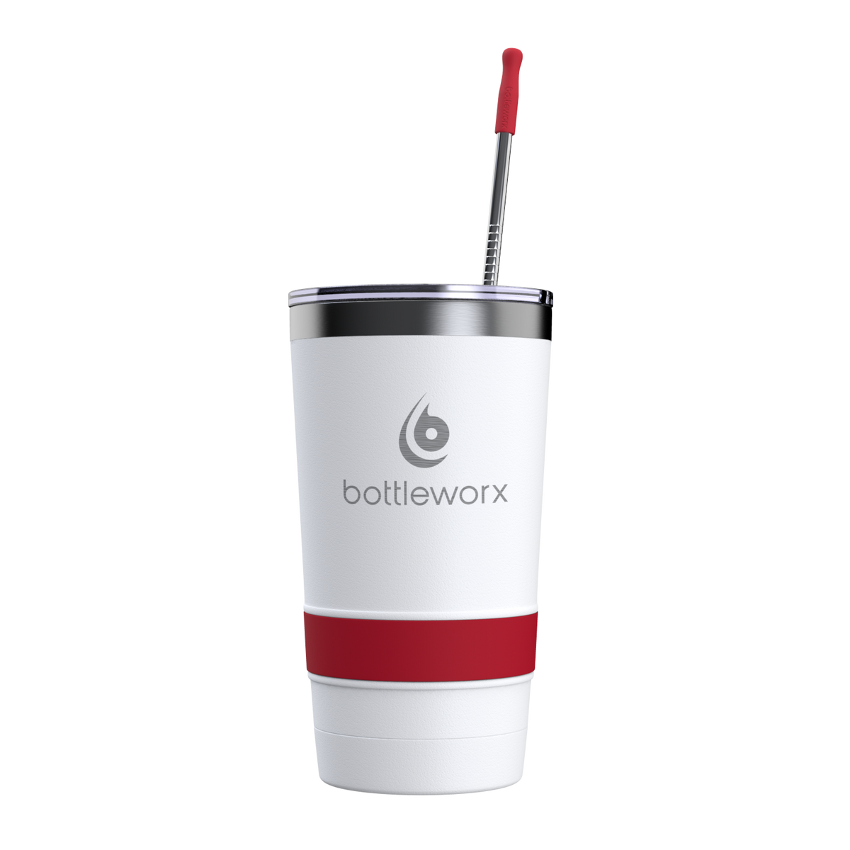 20 oz tumbler with straw, white body and red wrap, metal lid