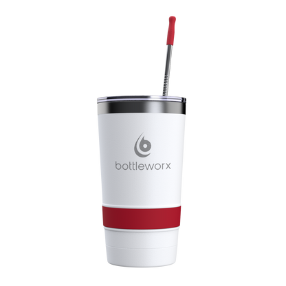 20 oz tumbler with straw, white body and red wrap, metal lid