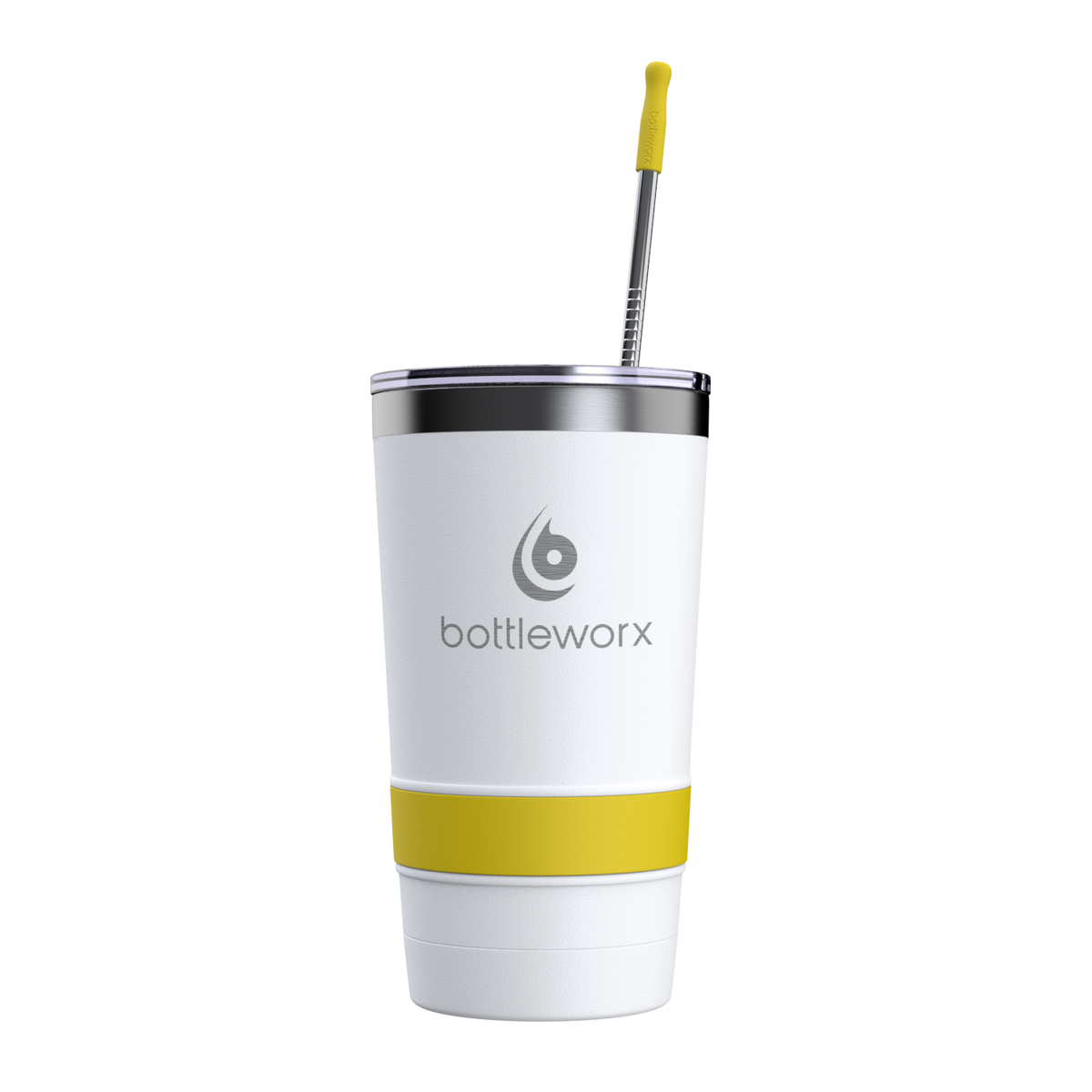 20 oz tumbler with straw, white body and yellow wrap, metal lid
