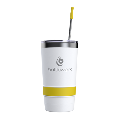 20 oz tumbler with straw, white body and yellow wrap, metal lid