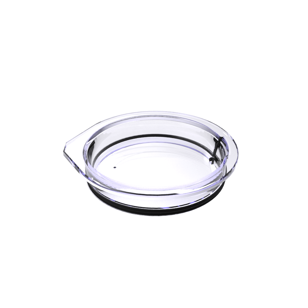 20oz tumbler lid close-up, clear circular insert with metal rim