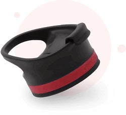 Hot Lid with handle, black body and red band, angled view