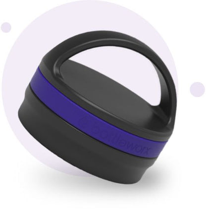 Insulated loop lid with purple band and black handle, angled side view